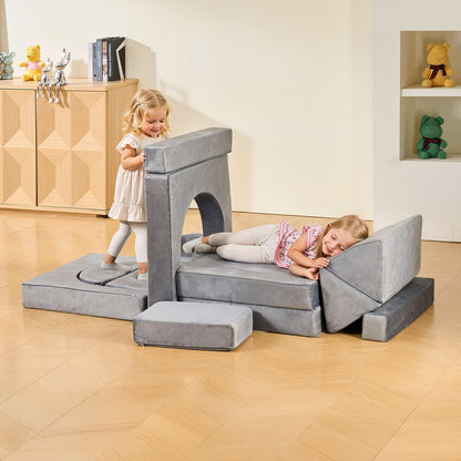 VEVOR Sofá Modular para Niños, Sofá Convertible Seccional de Esponja 28D y Pelo Corto con Reposabrazos, Combinación Creativa DIY para Sala de Juegos, Sala de Estar para Niños, 14 Piezas, Gris