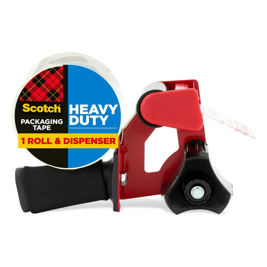 Dispensador de cinta de embalaje Scotch con cinta de embalaje resistente, diseñado para rollos de núcleo estándar de 7,62 cm, mango de espuma, hoja retráctil y freno ajustable (3850-ST), 1 rollo, Tape With Heavy Duty Dispenser, 1 Rollo