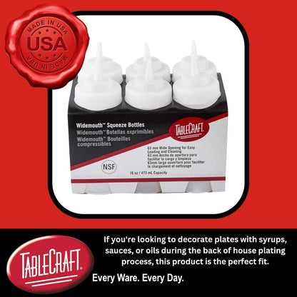 TableCraft C10853C - Botellas para apretar anchas, 8 onzas, blanco, polietileno, paquete de 6, apertura grande de 63 mm para un fácil llenado, punta de cono estándar, aptas para lavaplatos, aprobado