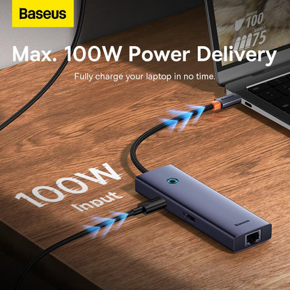 Baseus USB-C Hub 7-En-1 USB C Estación de Acoplamiento con 7 Puertos, Adaptador a HDMI 4K, PD de 100 W, 2 USB, Rj45, SD/TF, Gris
