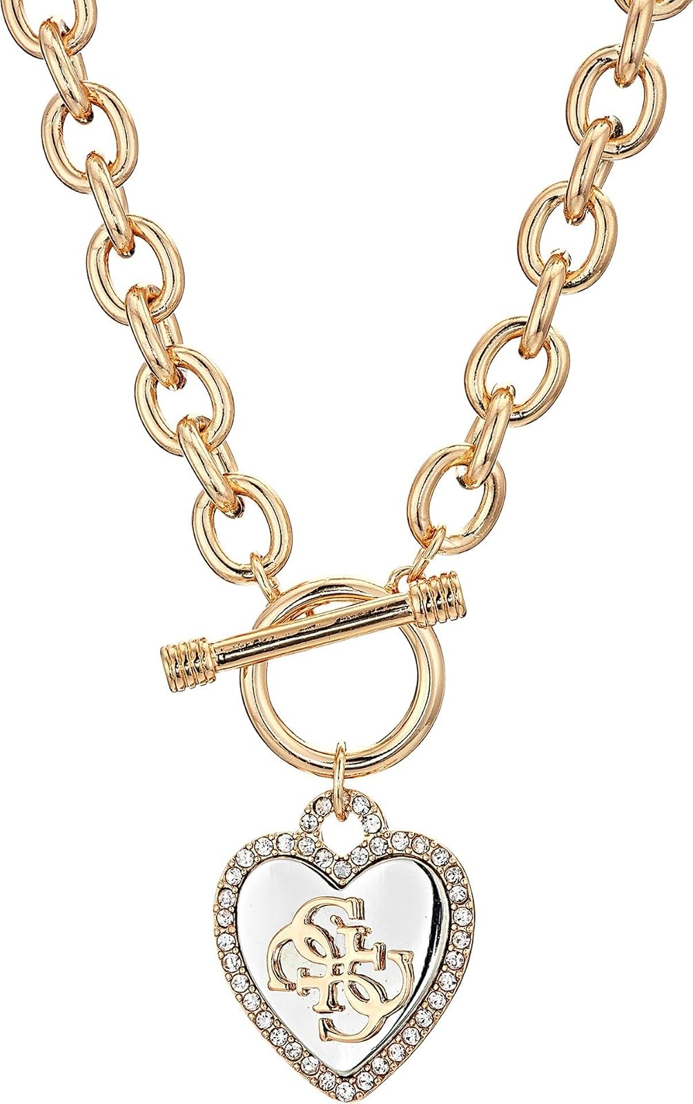 GUESS Womens Pave Framed Heart Toggle Necklace with 4 G Logo Silver/Gold/Crystal One Size