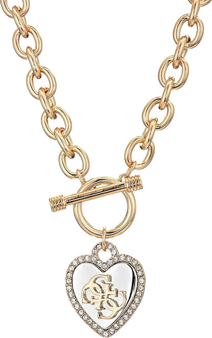GUESS Womens Pave Framed Heart Toggle Necklace with 4 G Logo Silver/Gold/Crystal One Size
