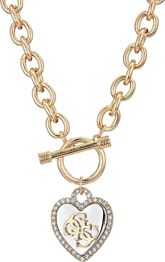 GUESS Womens Pave Framed Heart Toggle Necklace with 4 G Logo Silver/Gold/Crystal One Size
