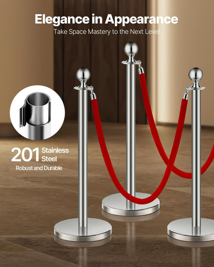 VEVOR 4 PCS Poste de Estaca de Acero Inoxidable de 1,5 m con Base Hueca de Inyección de Arena y 2 Cuerdas de Terciopelo Rojo, Barreras de Control de Multitudes para Teatro, Fiesta, Boda, Plateado