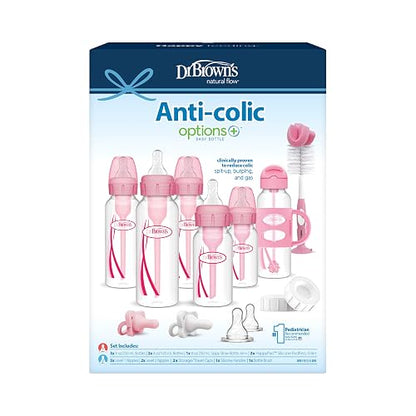 Dr. Brown's Anti-Colic Options+ Juego de regalo de botella de paja estrecha | Botellas rosadas de 4 onzas, botellas de 8 onzas, botella de popote, pezones de nivel 1 y 2, HappyPaci