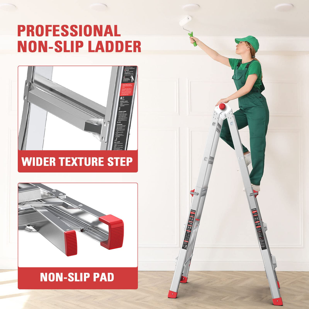 Ecomax Escalera plegable, escalera de extensión de aluminio de 4 pies, capacidad de carga de 300 libras, escalera telescópica portátil con goma antideslizante, escaleras de escalón multiposición, para trabajar EM4X3L2, plata