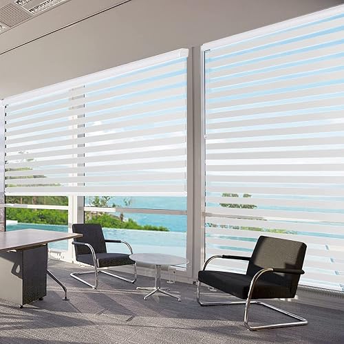 Joydeco - Mini persianas de cebra inalámbricas para ventanas, color blanco transparente filtrando la luz de privacidad de doble capa para puerta corredera de vidrio de recámara, 35 pulgadas de ancho x 75 pulgadas de alto