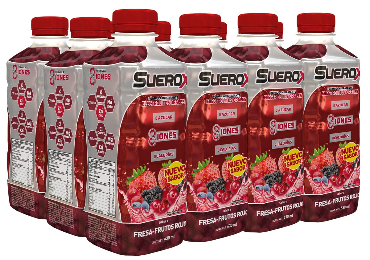 12 Pack de Suerox, FRESA-FRUTOS ROJOS, nuevo sabor, deliciosa hidratación saludable botellas con 630 ml + 12 Pack de, deliciosa hidratación saludable, UVA, botellas con 630 ml