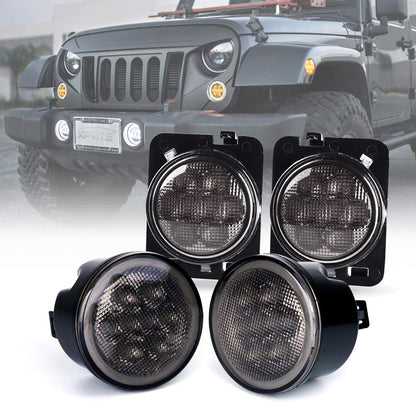 Xprite LED Smoke Lens Turn Signal Lights with Halo DRL and Parking Function & Front Fender Side Marker Amber Light Assembly Replacement Combo for 2007-2018 Jeep Wrangler JK & Wrangler Unlimited