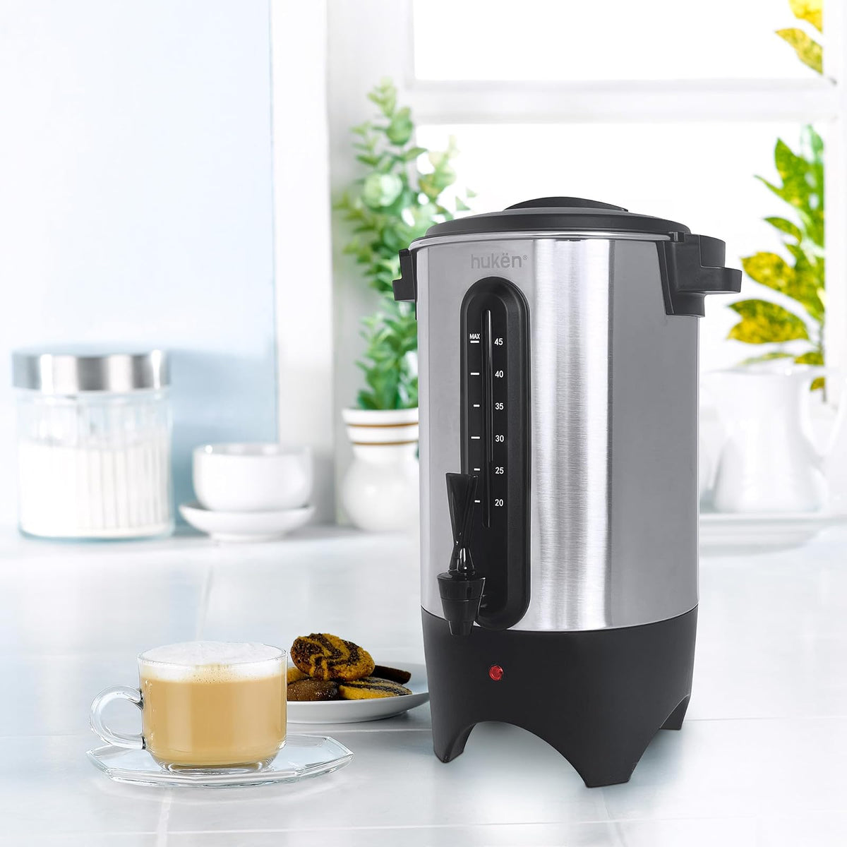Urna de Café MasterChef by Hukën, capacidad 45 Tazas Acero Inoxidable con Ventanilla Indicadora de Nivel de Agua, 1000W de Potencia para Rápido Calentamiento, modelo MK-UCM-45