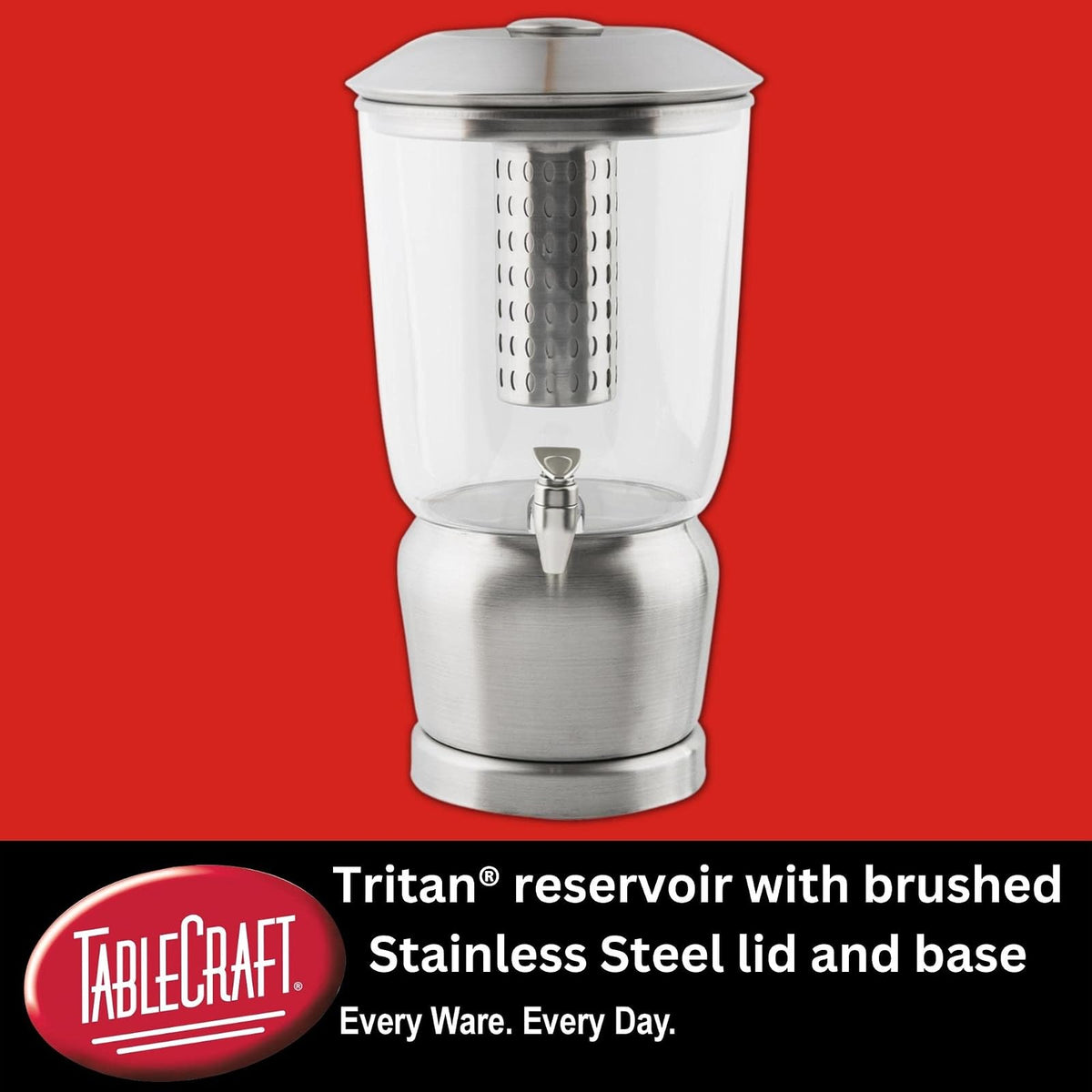 TableCraft 75 - Dispensador de bebidas de 2.5 galones con infusor de frutas y soporte, Tritan y acero inoxidable cepillado, dispensador de bebidas frías para catering y uso doméstico