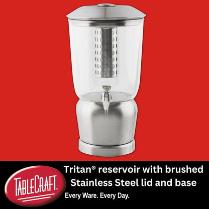 TableCraft 75 - Dispensador de bebidas de 2.5 galones con infusor de frutas y soporte, Tritan y acero inoxidable cepillado, dispensador de bebidas frías para catering y uso doméstico