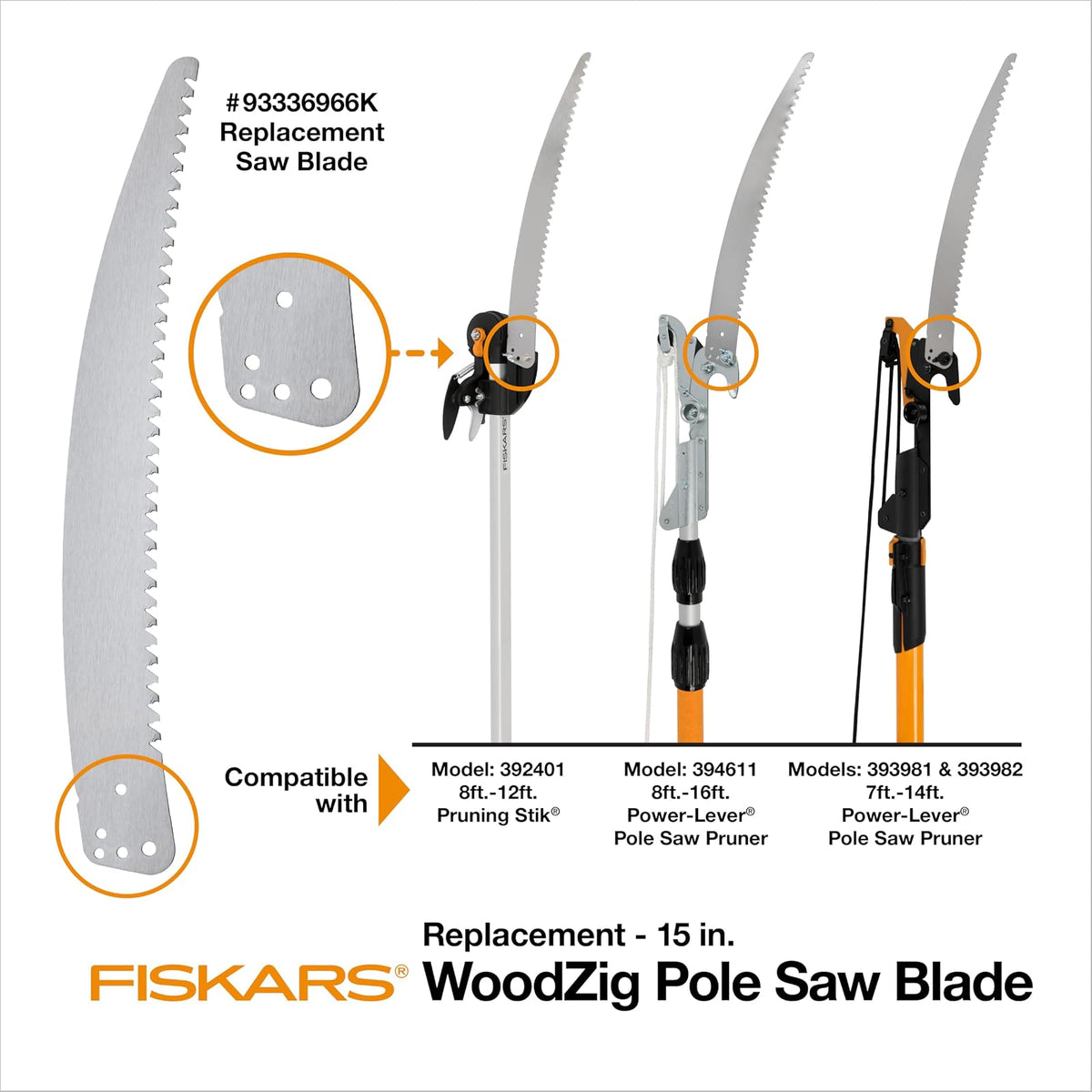 Fiskars - Hoja de sierra de poste de repuesto para sierras de podar y podadoras de árboles, hoja de 15 pulgadas con diseño de dientes estilo motosierra Woodzig