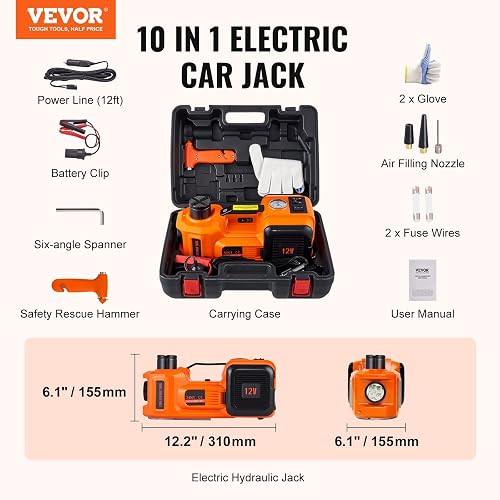 VEVOR Gato Hidráulico Eléctrico 5T 12V Elevador Automático de Automóvil 155-450 mm Gato Elevador con Luz LED Inflador de Neumáticos Set de Recuperación en Carretera Desmontadora de Neumáticos SUV Berlina
