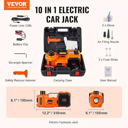 VEVOR Gato Hidráulico Eléctrico 5T 12V Elevador Automático de Automóvil 155-450 mm Gato Elevador con Luz LED Inflador de Neumáticos Set de Recuperación en Carretera Desmontadora de Neumáticos SUV Berlina