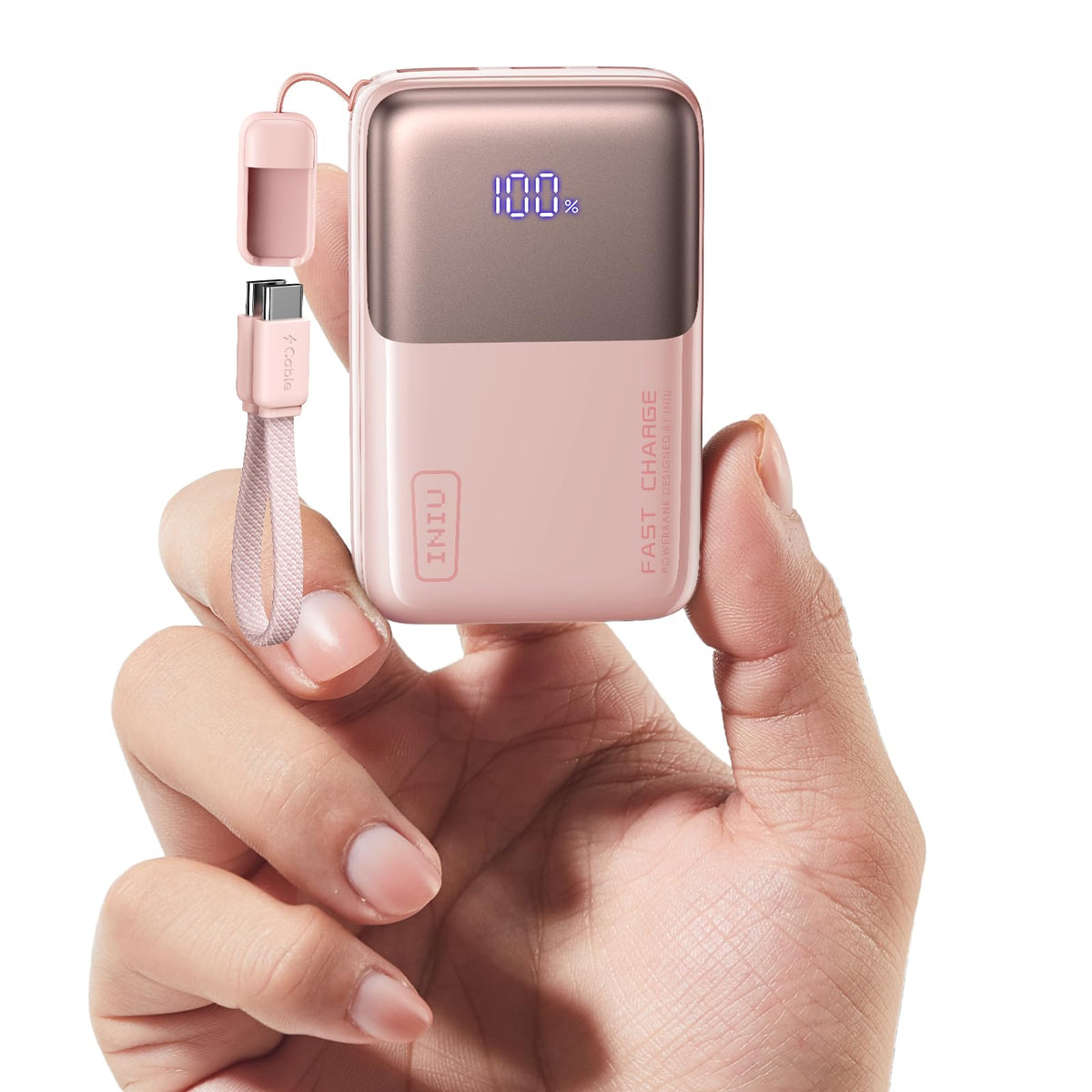 INIU Power Bank 10000mAh 45W Compacto con Cable USB-C - Rosa Claro