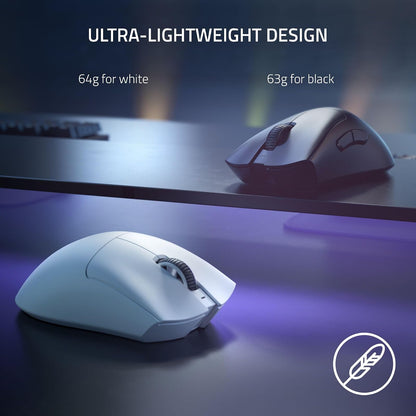 Razer DeathAdder V3 Pro Mouse Inalámbrico para Juegos: 64g Ultra Ligero - Sensor Óptico Focus Pro 30K - Interruptores Ópticos Gen-3 Rápidos - Inalámbrico HyperSpeed - 5 Botones Programables - Blanco