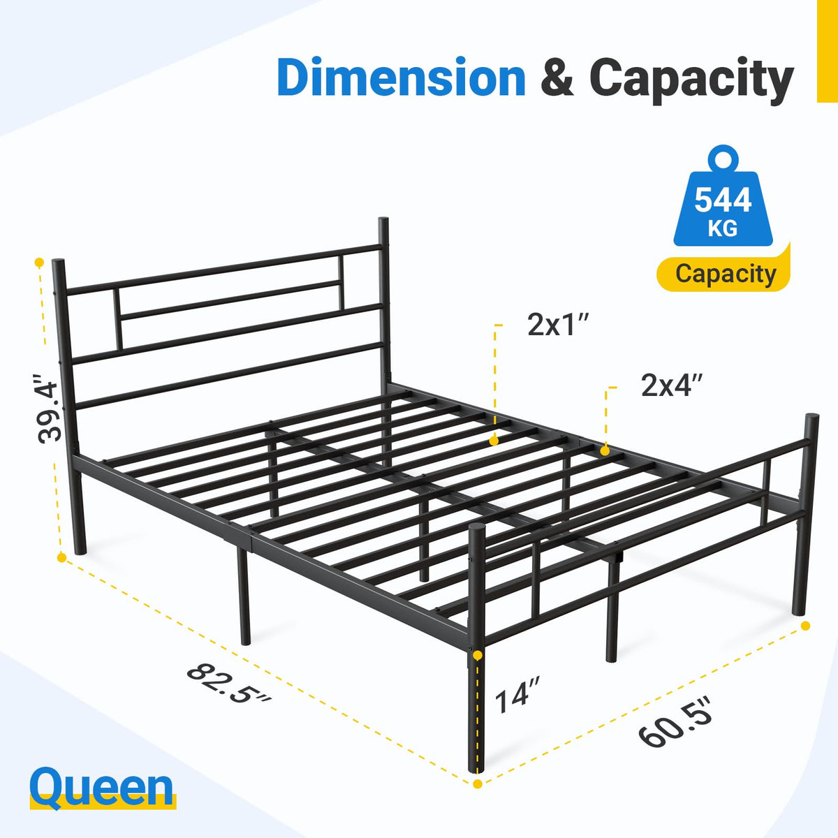 Avenco - Marco de Cama de Plataforma de Metal tamaño Queen con cabecera clásica y Estribo de 14 Pulgadas, Almacenamiento Debajo de la Cama, Soporte de Listones de Metal Fuerte, Base de colchón, no