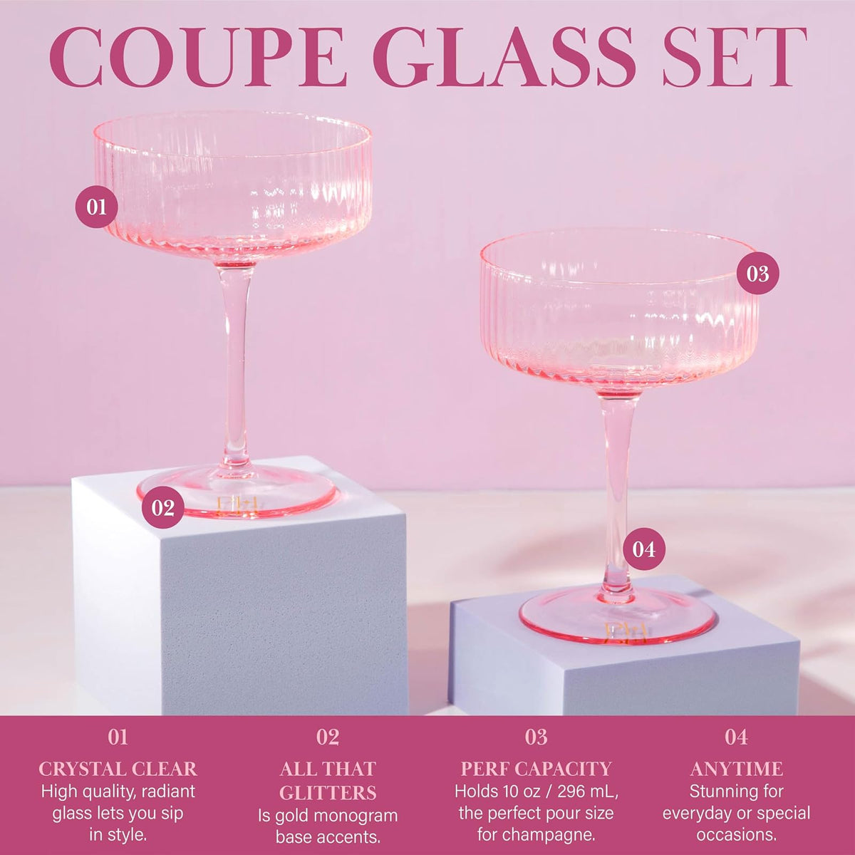 Paris Hilton - Juego de copas de cóctel acanaladas, elegante cristalería estriada, perfecto para champaña, martinis, vino y más, juego de 2, 10 onzas, rosa