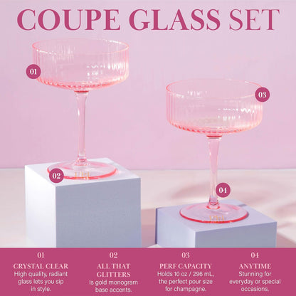 Paris Hilton - Juego de copas de cóctel acanaladas, elegante cristalería estriada, perfecto para champaña, martinis, vino y más, juego de 2, 10 onzas, rosa