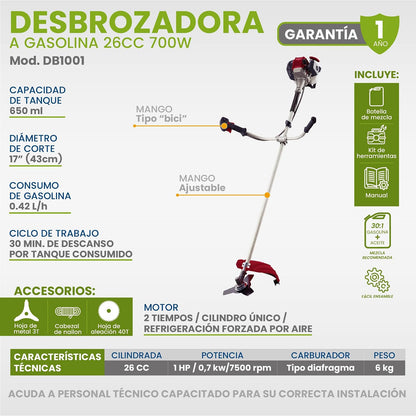 IGOTO Desbrozadora Desmalezadora de Gasolina Motor 2 Tiempos 1 HP 700 W Capacidad del Tanque 650 Ml Uso Profesional 26 CC Mango Ajustable Tipo Bici Carburador Tipo Diafragma