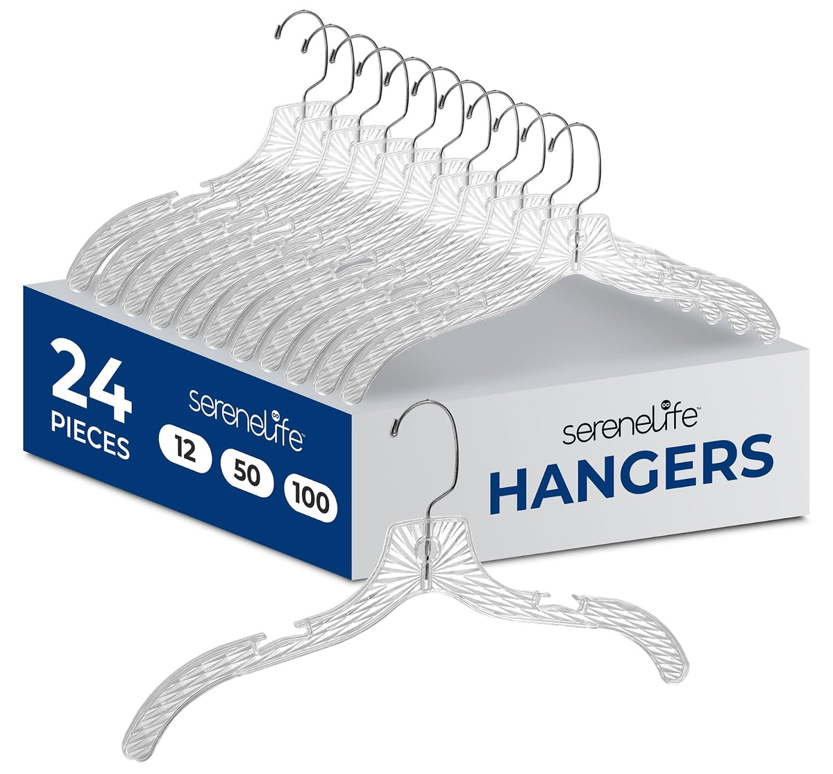 SereneLife - Paquete de 24 Perchas de plástico Transparente, Ligeras, Antideslizantes, con Hombros con Muescas y Gancho Giratorio para Ropa, Camisas, Trajes, Vestidos, Chaquetas, diseño Ultrafino Que
