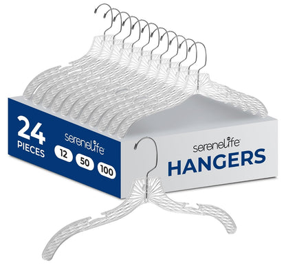 SereneLife - Paquete de 24 Perchas de plástico Transparente, Ligeras, Antideslizantes, con Hombros con Muescas y Gancho Giratorio para Ropa, Camisas, Trajes, Vestidos, Chaquetas, diseño Ultrafino Que