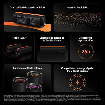 XIAOMI Sound Party Bocina Portátil de 50W Bluetooth 5.4 | Iluminación LED 3D, Hasta 26h de Reproducción, Enlaza hasta 100 Bocinas, Waterproof IP67