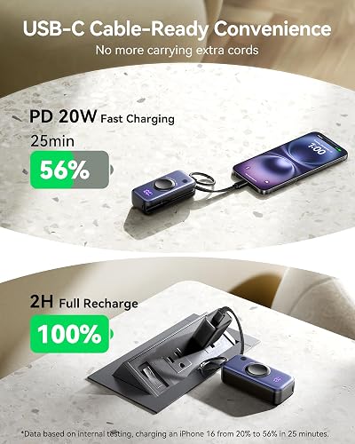 INIU Cargador portátil 3 en 1, pequeño Banco de energía de 5000 mAh con Cable USB C Incorporado y Cargador de Reloj, Paquete de batería de Carga rápida PD de 20 W, Cargador de Viaje para iPhone 16 15