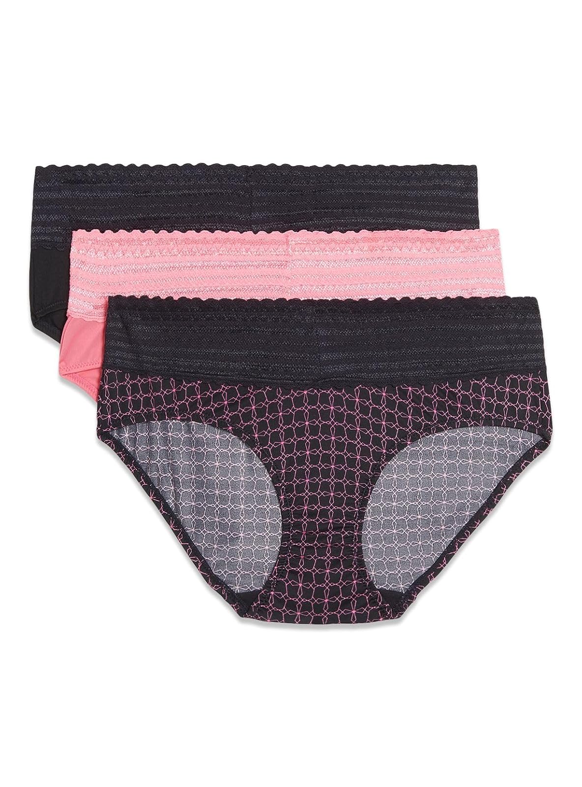 Warner's Ropa Interior Hipster Mujer Paquete de 3 - M - Negro - Flamingo Rosa - Miami Rosa Octágono