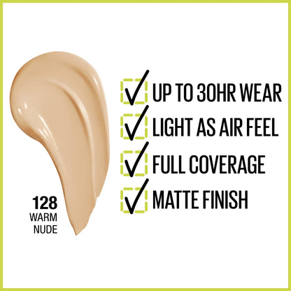 Maybelline Base de Maquillaje Superstay, Full Coverage, 128 Warm Nude, 30 ml (A embalagem Pode Variar)