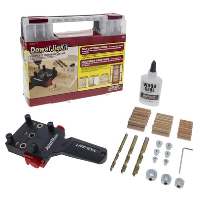 Milescraft - Kit de plantillas de tacos 1333: plantilla de tacos portátil con 3 tamaños de casquillos metálicos (1/4 pulgadas, 5/16 pulgadas, 3/8 pulgadas) y pasadores autocentrantes, 3 brocas de punta ancha, 3 topes de profundidad, 6 centros de tacos y p