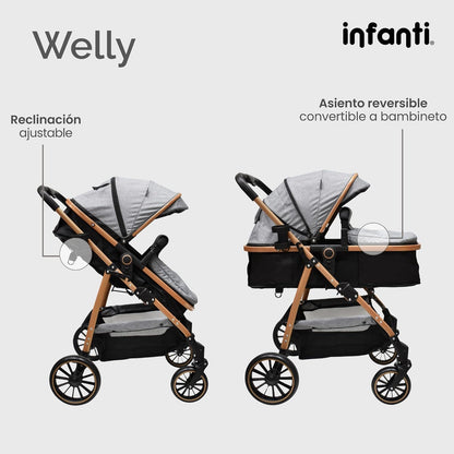 Infanti - Carriola para Bebé WELLY - Tavel System De 0 Meses a 3 Años, Hasta 15 kg - Convertible a Bambineto - Sistema de viaje -Color Gris