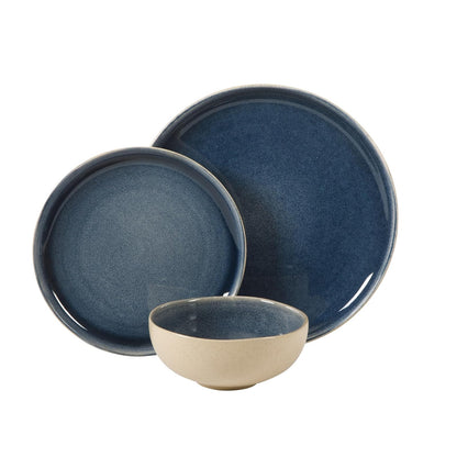 Gibson Elite Manila Bay - Juego de vajilla de gres de 12 piezas, servicio para 4, platos artesanales modernos de esmalte reactivo, cuencos y tazas, azul, diseño redondo