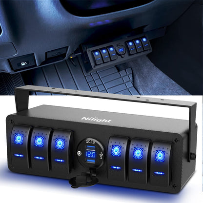 Nilight Panel de Interruptores Basculantes 6 Bandas 12V USB QC3.0 Voltímetro Impermeable - Interruptor dual USB + Box 6 Gang
