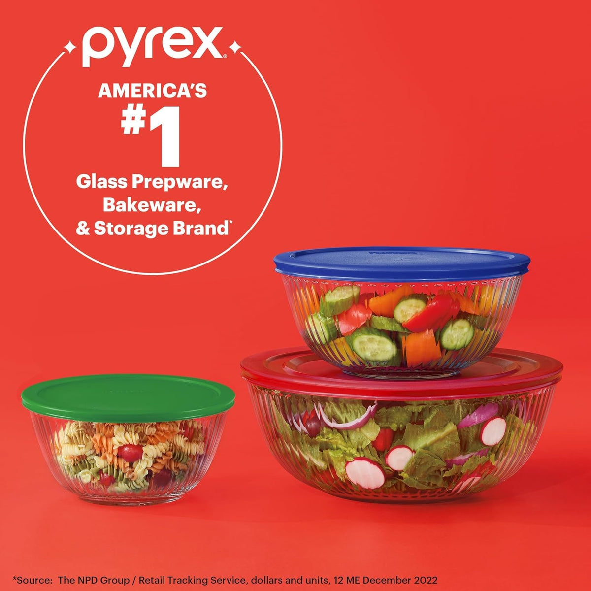 Pyrex - Juego de 3 cuencos de vidrio esculpidos con tapas para preparar, hornear y cocinar, horno precalentado, lavaplatos, congelador y microondas
