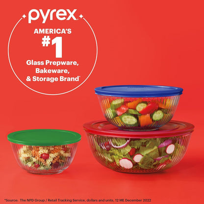 Pyrex - Juego de 3 cuencos de vidrio esculpidos con tapas para preparar, hornear y cocinar, horno precalentado, lavaplatos, congelador y microondas