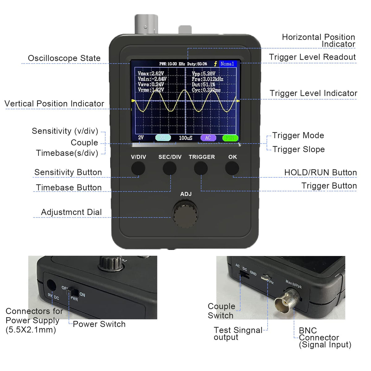 ETEPON Kit de osciloscopio digital con sonda de cable BNC (máquina acabada montada) EM001