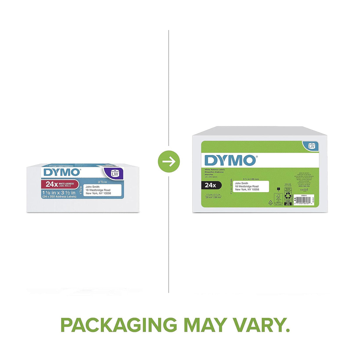 DYMO - Etiquetas de dirección de correo LW auténticas para impresoras de etiquetas DYMO (1-1/8" x 3-1/2", 24 rollos de 350 (8400 en total)