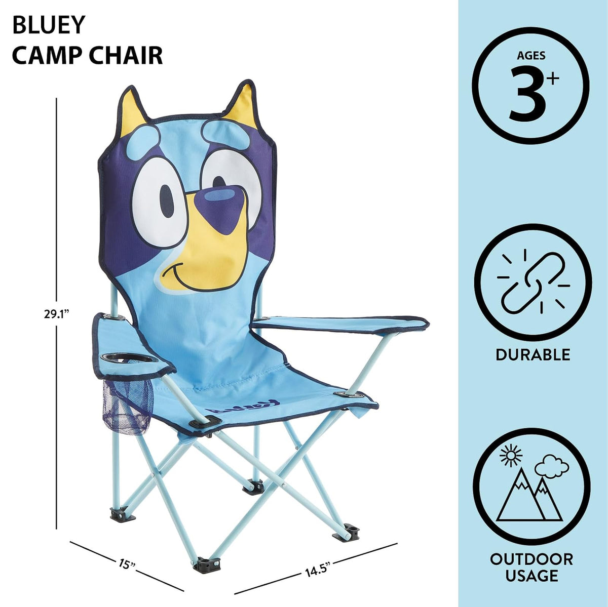 Idea Nuova Bluey - Silla Plegable para niños, Silla portátil para Exterior/Interior con Bolsa de Transporte, Soporte para Vasos, Respaldo Alto, Ligera y Duradera para Mayores de 3 años