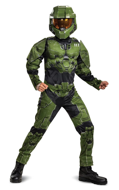 Disfraz de Halo Infinite Master Chief de Disfraz para niños, tamaño de niño, Acolchado Muscular, Inspirado en Videojuegos, Talla de niño, Talla XL (14-16), Verde y Negro