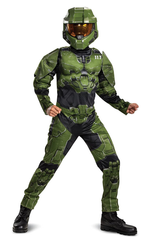 Halo Infinite Master Chief Costume, Kids Size Muscle Padded Video Game Inspired Character Jumpsuit, Child Size Medium (7-8)