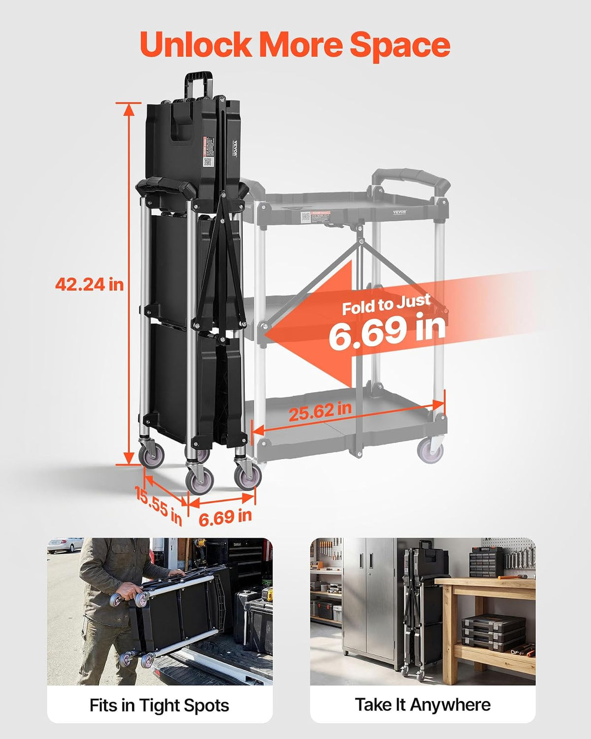 VEVOR Foldable Utility Service Cart, 3 Shelf 165LBS Heavy Duty Plastic Rolling Cart with Lockable Wheels, Ergonomic Handle, Portable Garage Tool Cart for Warehouse/Office/Home(25.62"x15.43"x32.76")