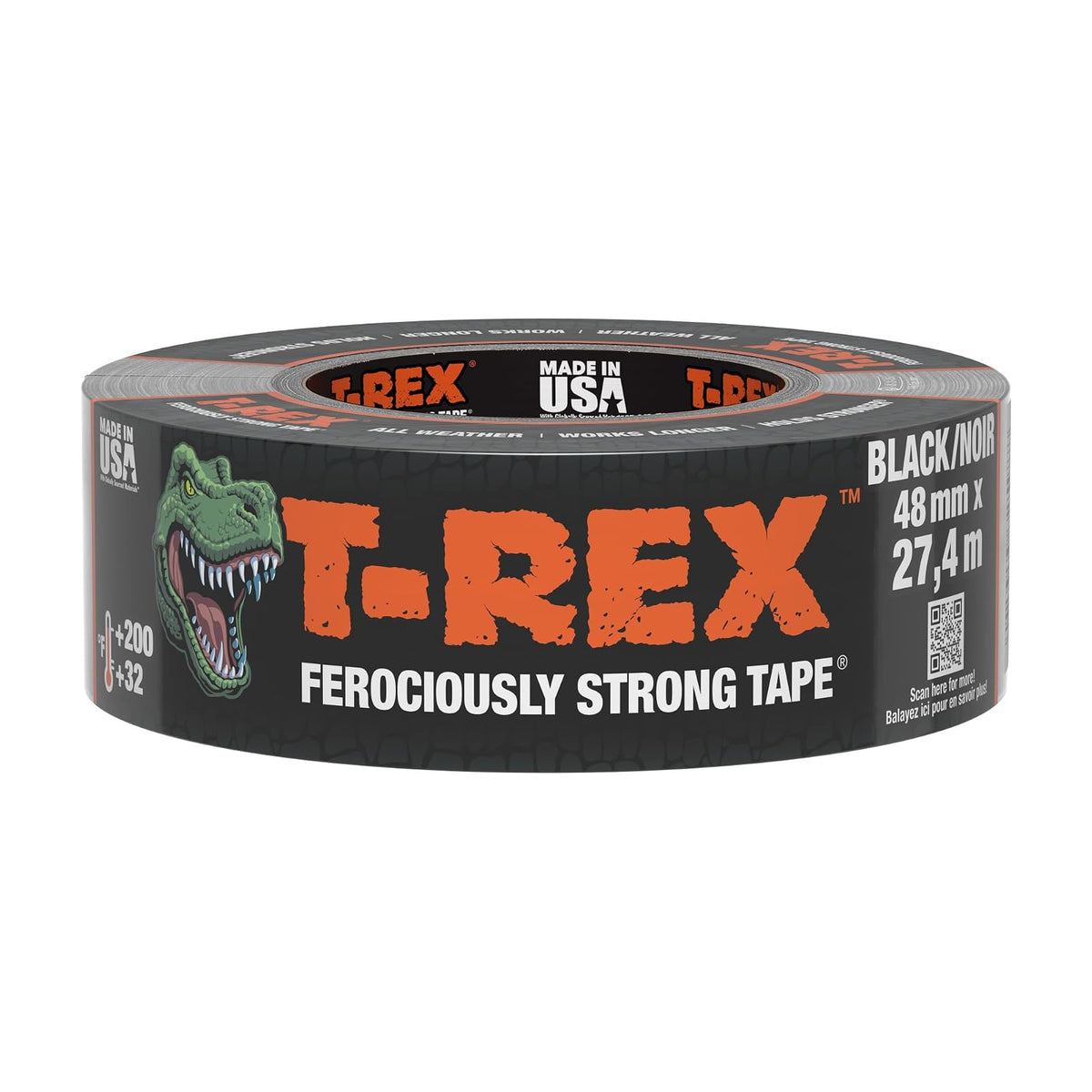 T-Rex Cinta adhesiva resistente con respaldo resistente a los rayos UV e impermeable para reparaciones ferozmente fuertes, 1.9 pulgadas x 30 yardas, color negro, 1 rollo