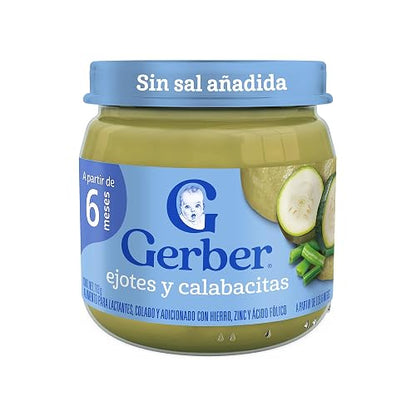 Gerber Papilla Etapa 2, A Partir de 6 Meses, Adicionado con Hierro y Zinc, Ejotes y Calabazas, Paquete de 12 Frascos de 113 g c/u