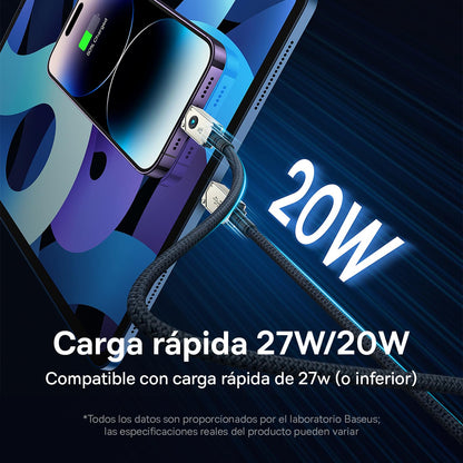 Baseus Cable de Fibra de aramida F-12 irrompible de Carga rápida y Datos Tipo-C a Lightning, 20W, 2m, Blanco