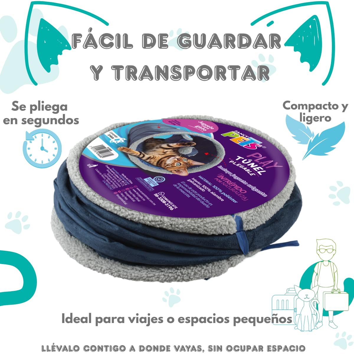 Fancy Pets Túnel Plegable para Gato Azul, Juguete Interactivo y Espacio de Exploración 65x25 cm