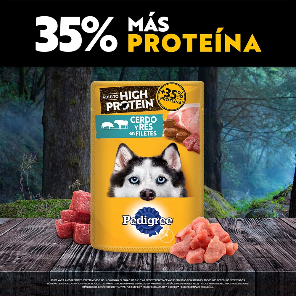 Pedigree - High Protein Alimento para Perro Adulto, 24 Sobres, Sabor Cerdo y Res, 85g c/u, con Proteína, Antioxidantes y Vitamina E