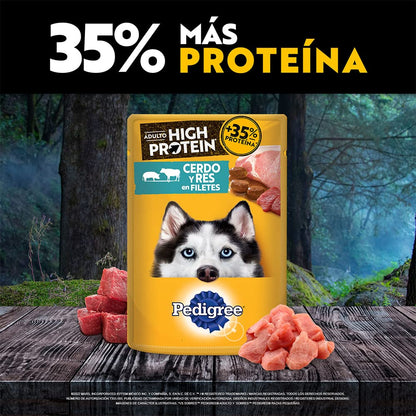 Pedigree - High Protein Alimento para Perro Adulto, 24 Sobres, Sabor Cerdo y Res, 85g c/u, con Proteína, Antioxidantes y Vitamina E