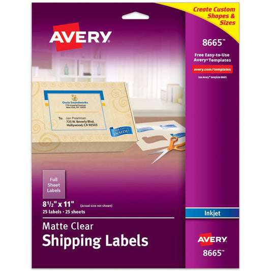 Avery AVE-8665 Etiqueta Inkjet, 21.6 x 27.9 cm, 25 Etiquetas, color Transparente
